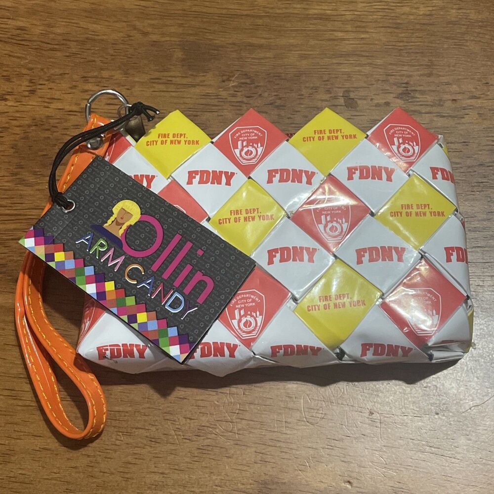 Ollin Arm Candy Wrapper Wristlet Zippered Purse Red Yellow Orange NYC Fire Dept